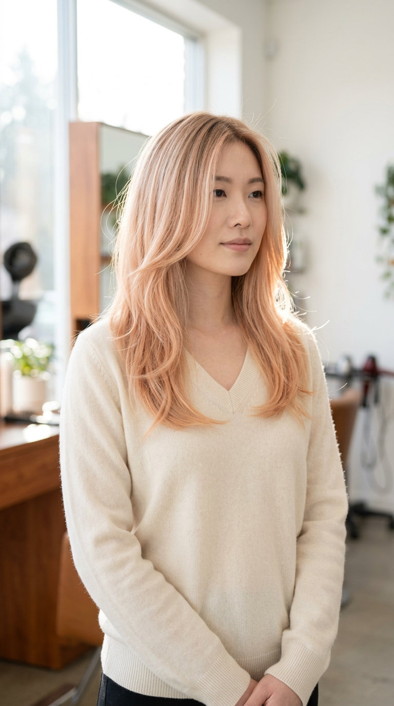 long invisible layered peach copper balayage with cream blonde base, Scandi-Hairline for festivals