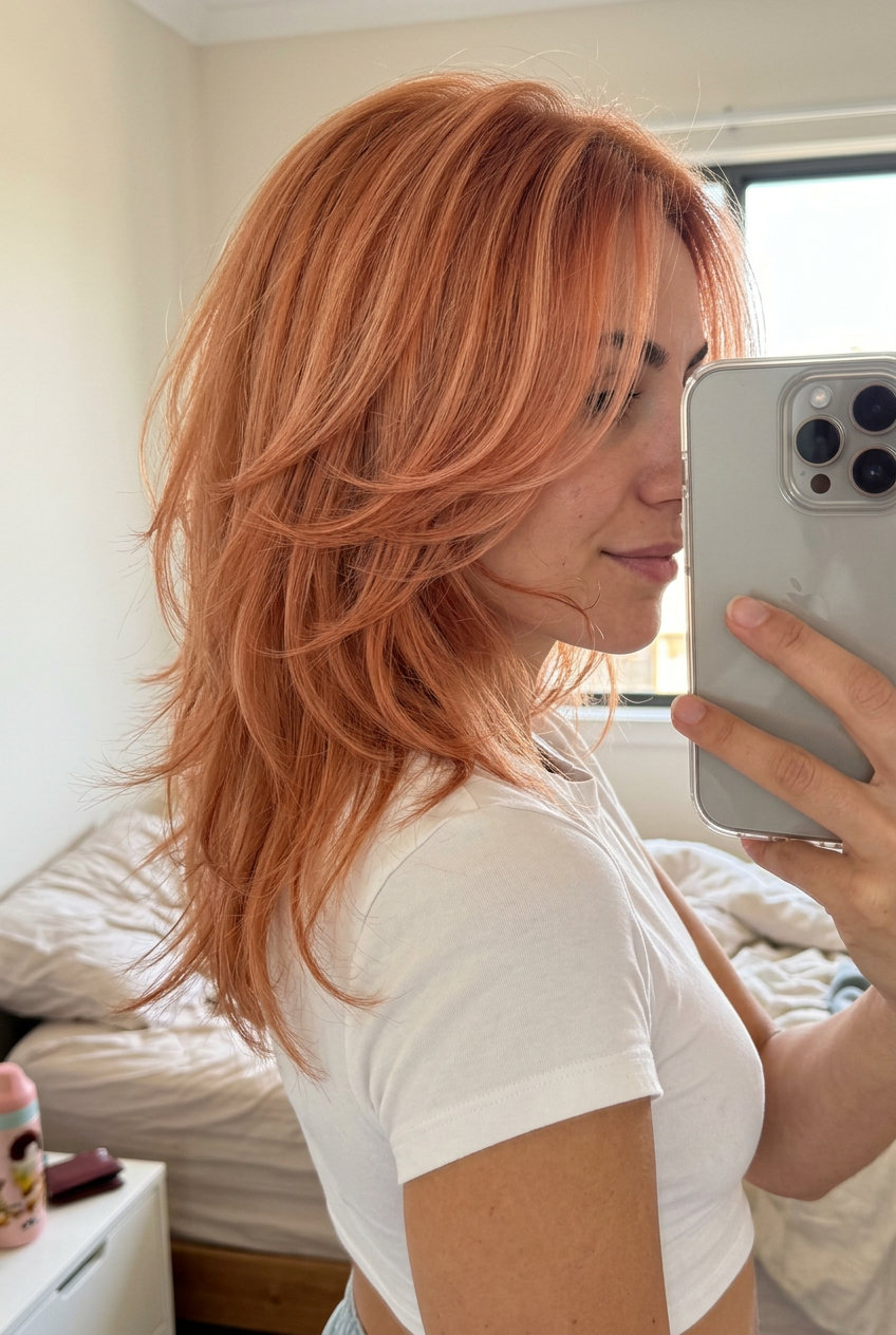 Romantic Peach Fuzz Butterfly Hair 2026 medium-length peach fuzz copper butterfly haircut with strawberry blonde babylights, feathered fringe for date night