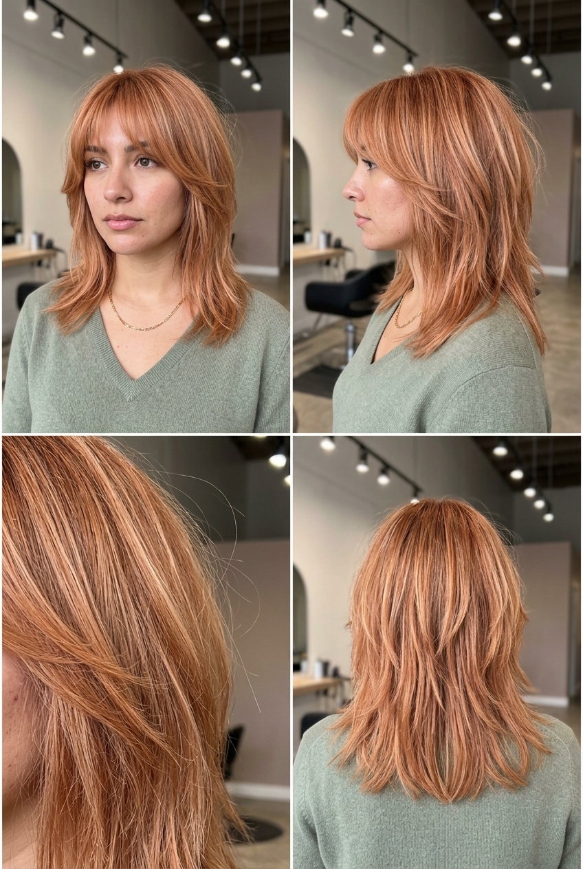 Edgy Peach Copper Butterfly Shag 2026 medium-length peach fuzz copper butterfly shag with strawberry blonde highlights, razored fringe for festival