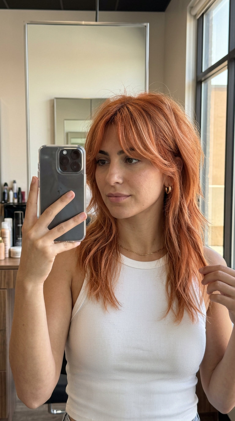 medium-long shag haircut in Peach Fuzz Copper with strawberry blonde babylights, razor-cut layers, piecey curtain bangs — edgy summer look
