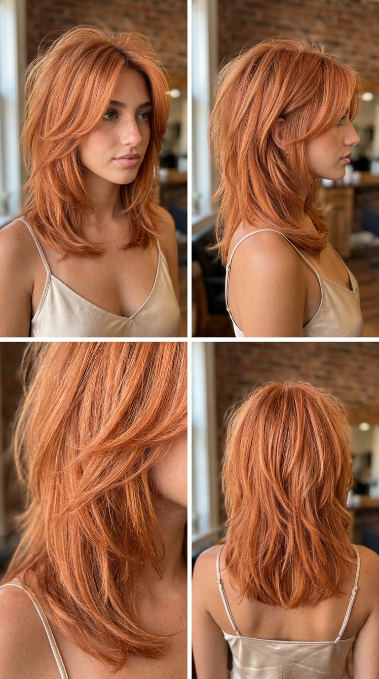 medium shag haircut with peach fuzz copper, feathered layers, and face-framing pieces for summer