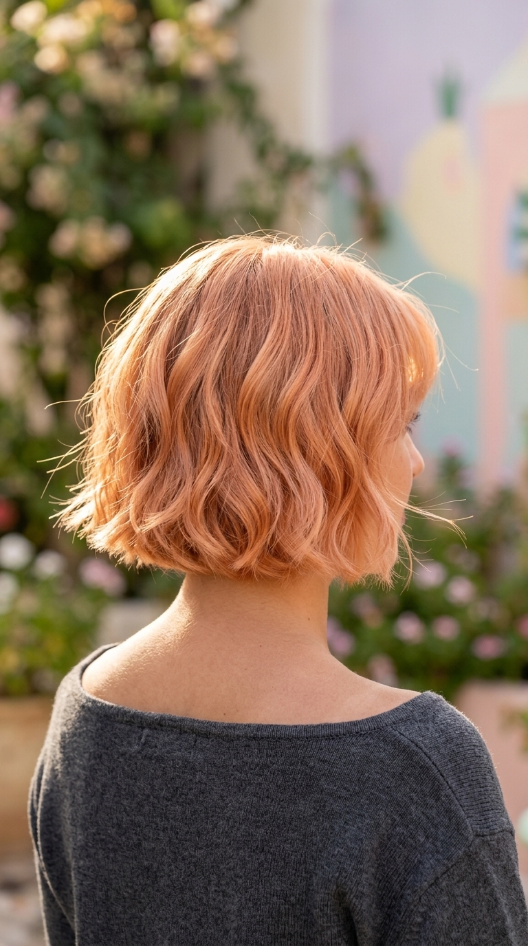 Romantic French Bob 2026: Peach Fuzz Copper short french bob haircut with pastel peach fuzz copper, face-framing layers and wispy fringe for playful romance