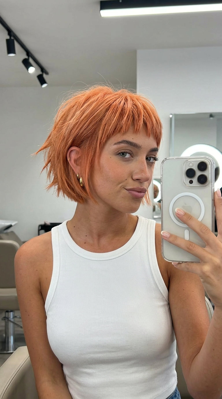 Edgy Peach Fuzz Copper French Bob 2026 short french bob with vibrant peach fuzz copper, micro-fringe and razored texture for edgy mood