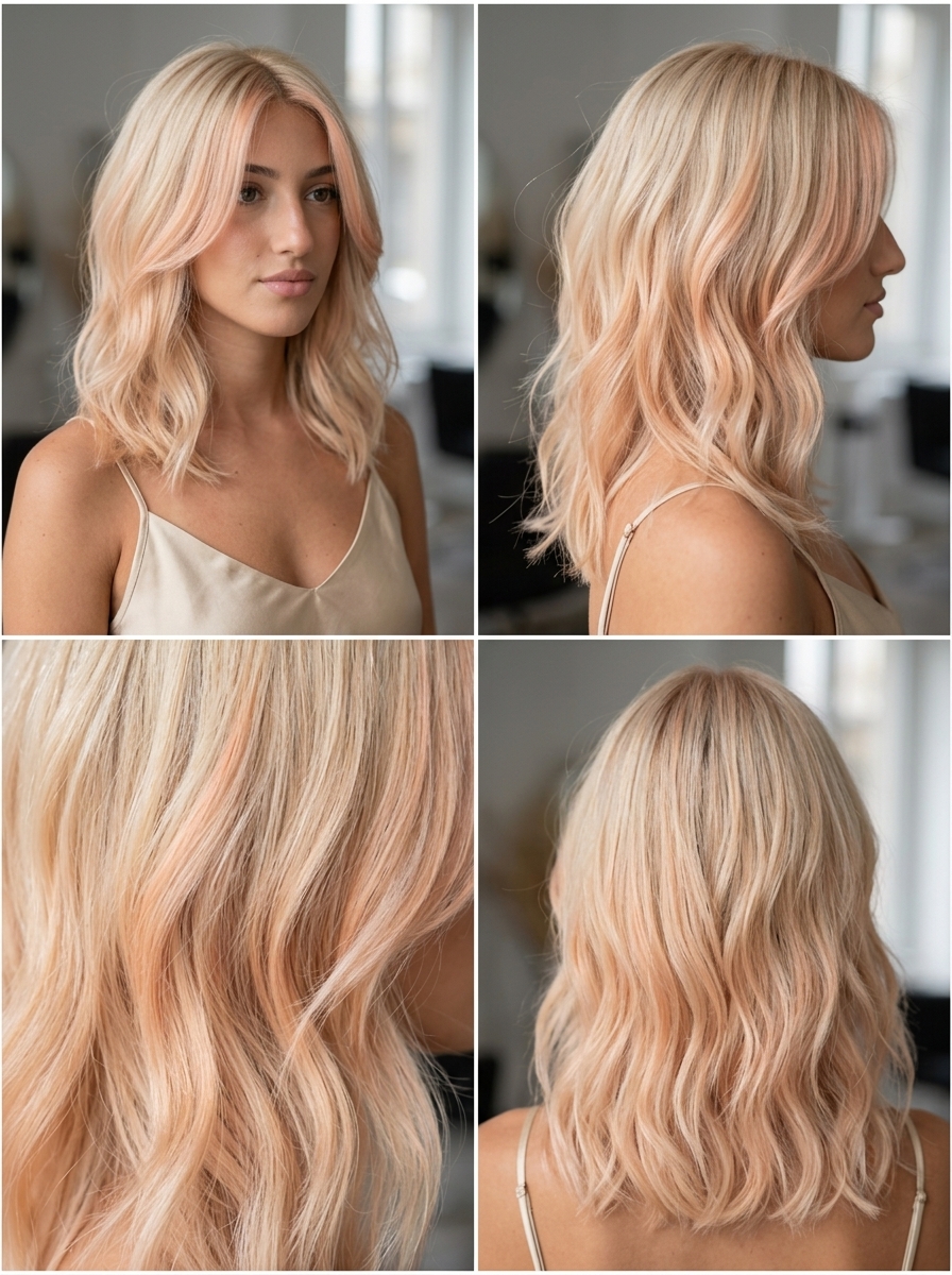 long soft layers peach fuzz balayage with creamy blonde and pastel peach, face-framing — playful summer look