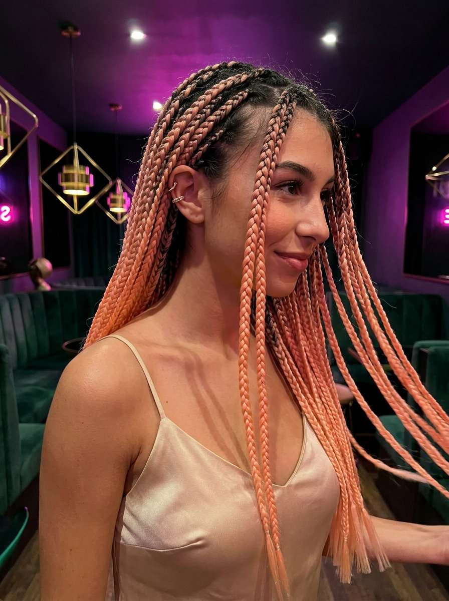 long box braids in peach fuzz ombré, blunt cut ends, uniform sizing — whimsical festival style