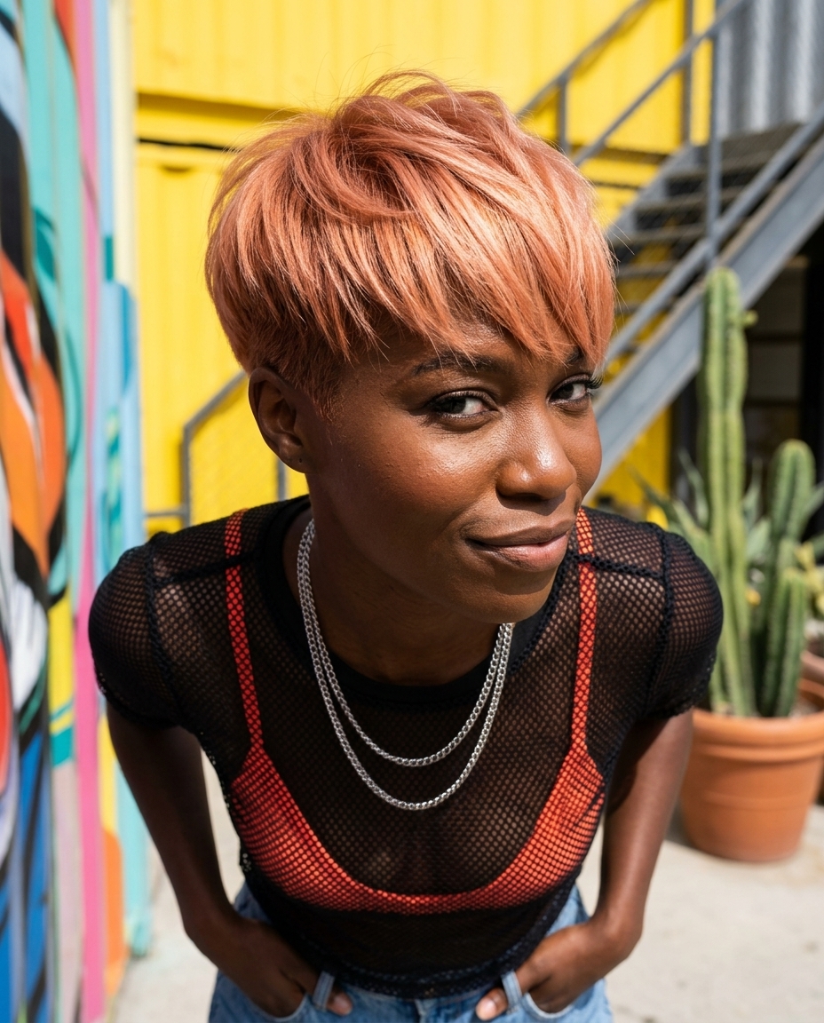 short pixie haircut in Peach Fuzz Copper, textured layers and wispy bangs with tapered undercut for summer
