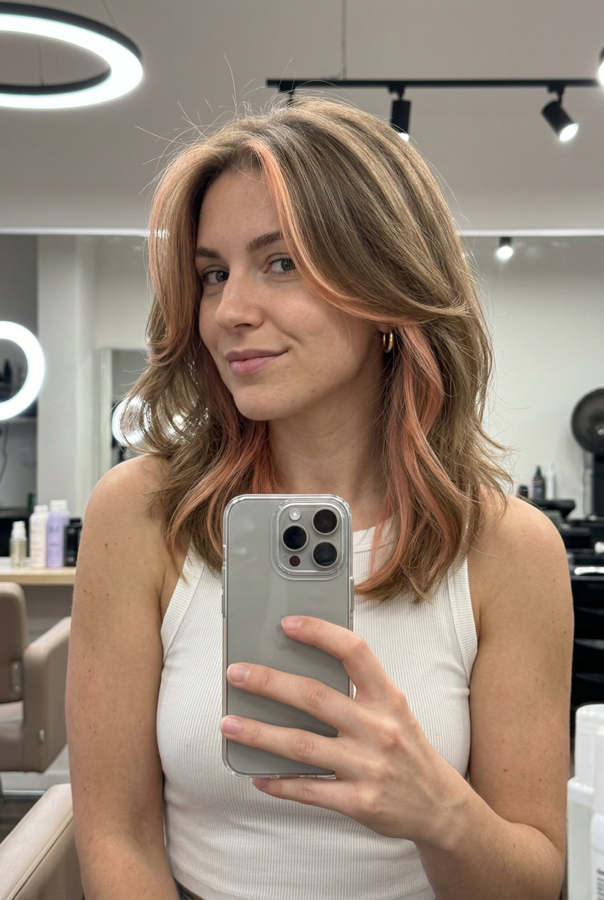 medium-length pastel peach peek-a-boo streaks, face-framing pieces, no fringe — playful, edgy