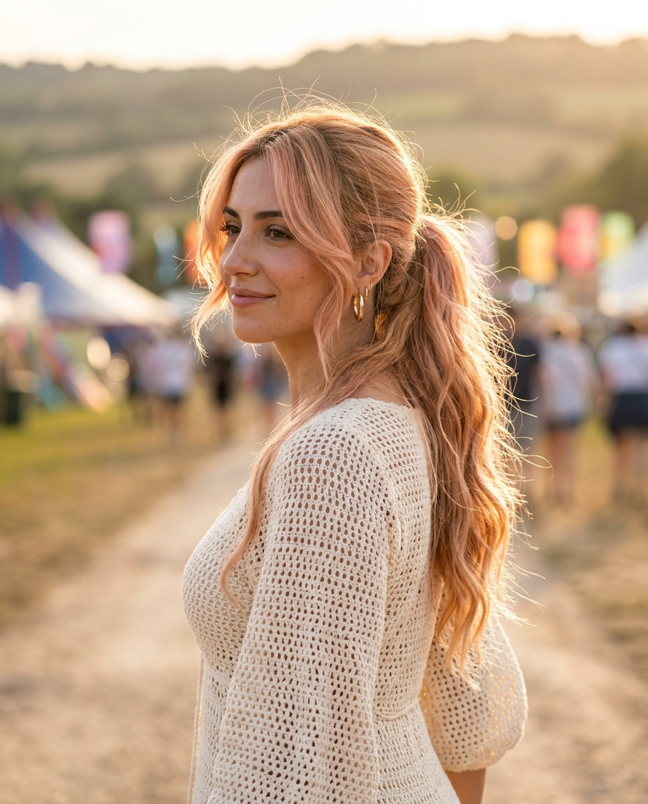 Peach Fuzz Waves: Romantic Summer Hairstyle 2026 long flowing haircut with soft peach-pink balayage, seamless layers, and face-framing pieces β romantic waves
