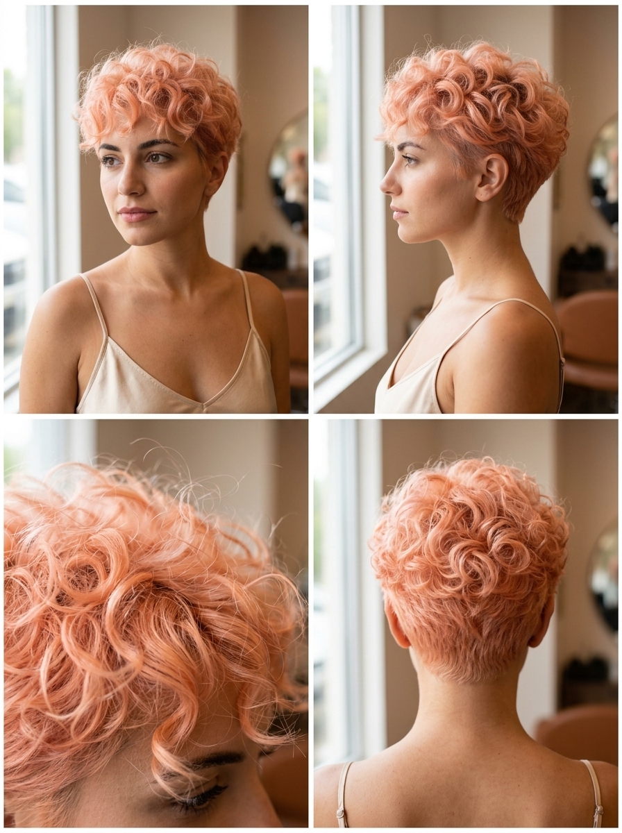 Playful Peach Fuzz Curly Pixie 2026 very short pixie haircut in soft peach fuzz pink on platinum base for playful look