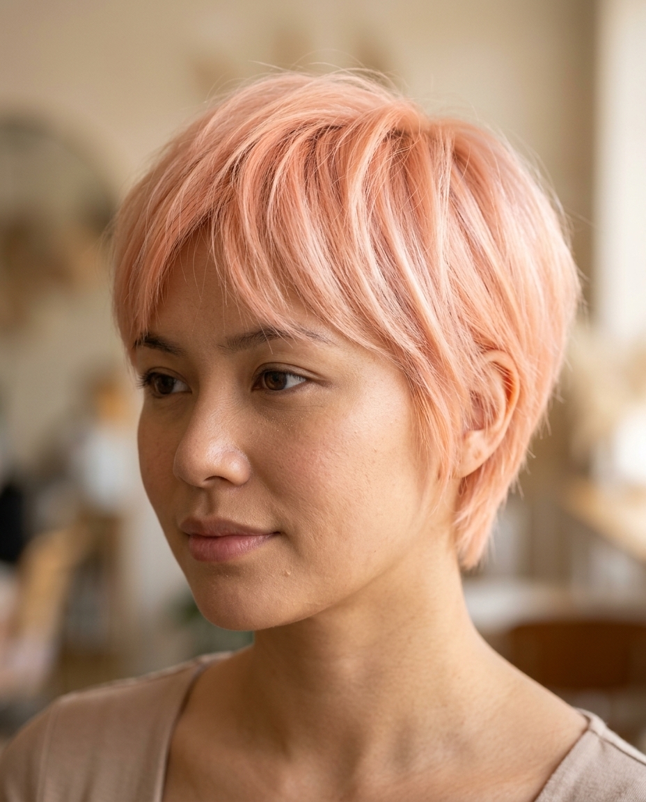 Peach Fuzz Pixie Haircut 2026 very short peach fuzz pixie haircut with pastel peach on platinum base, wispy layers, micro-fringe β playful & whimsical
