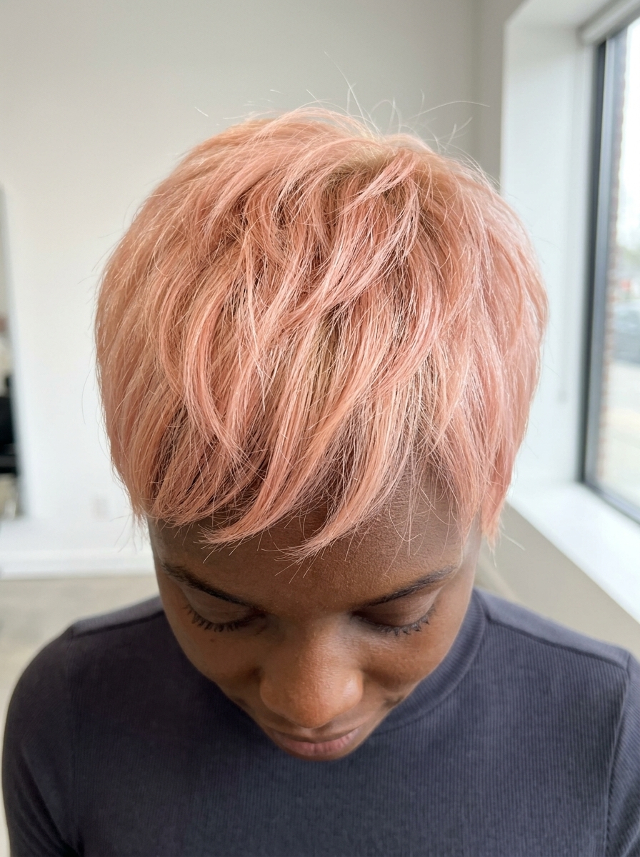 Delicate Peach Fuzz Piecey Pixie 2026 very short pixie haircut in soft peach fuzz pink with natural blonde root for delicate style