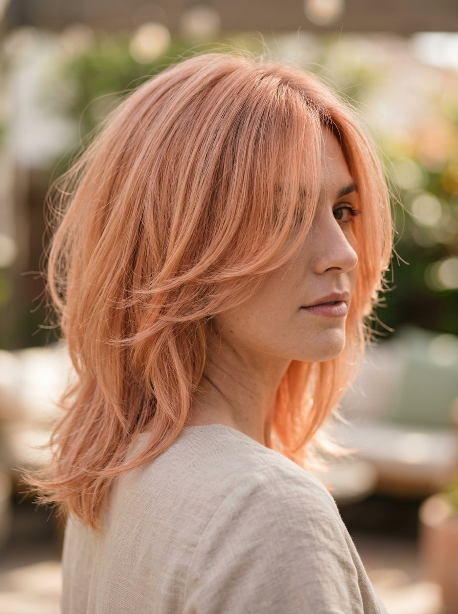 Peach Fuzz Butterfly Haircut 2026 medium butterfly haircut with peachy copper, strawberry blonde highlights, feathered fringe, rounded layers β romantic summer wedding