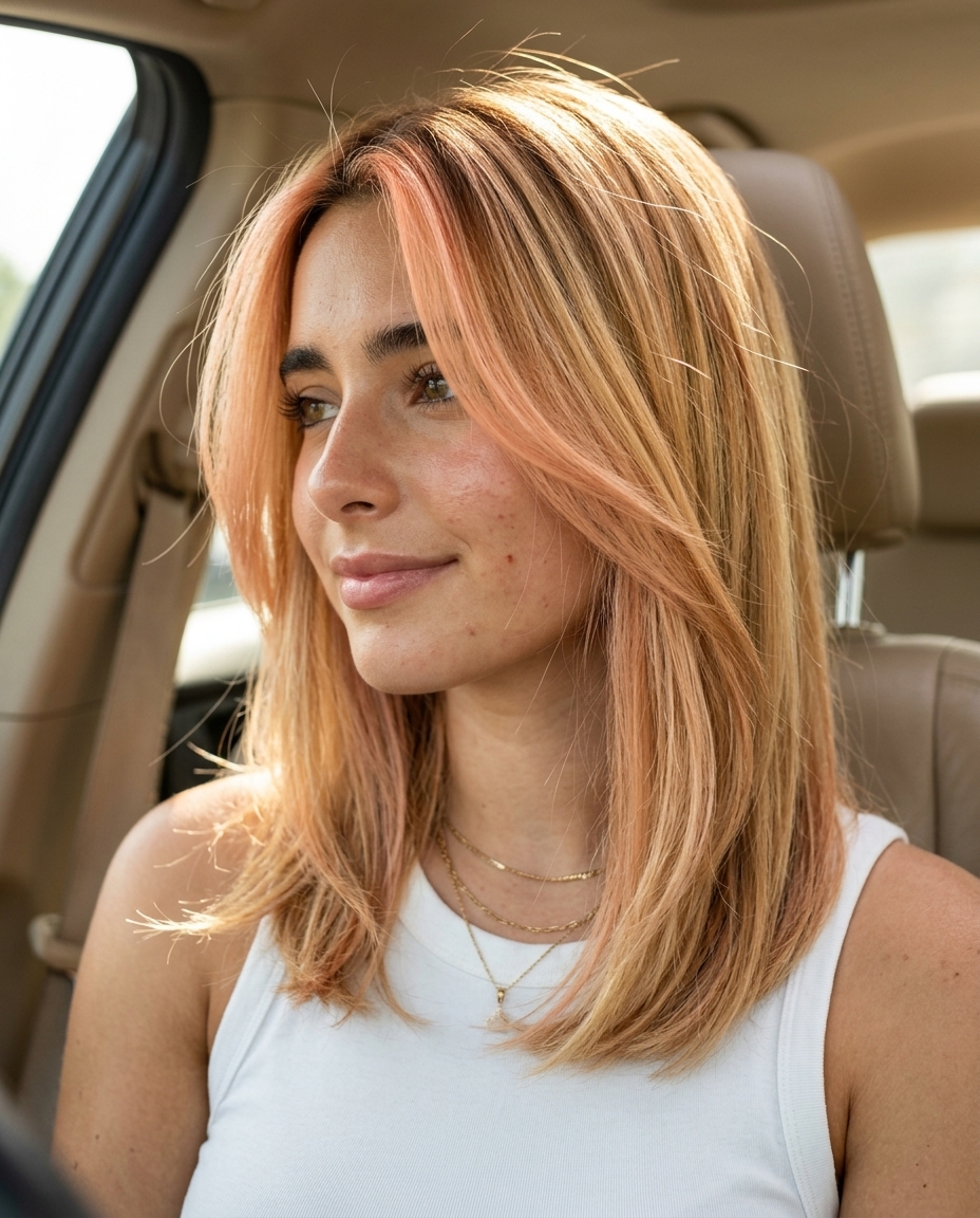 long honey blonde hair color with peachy pink face-framing and golden blonde base