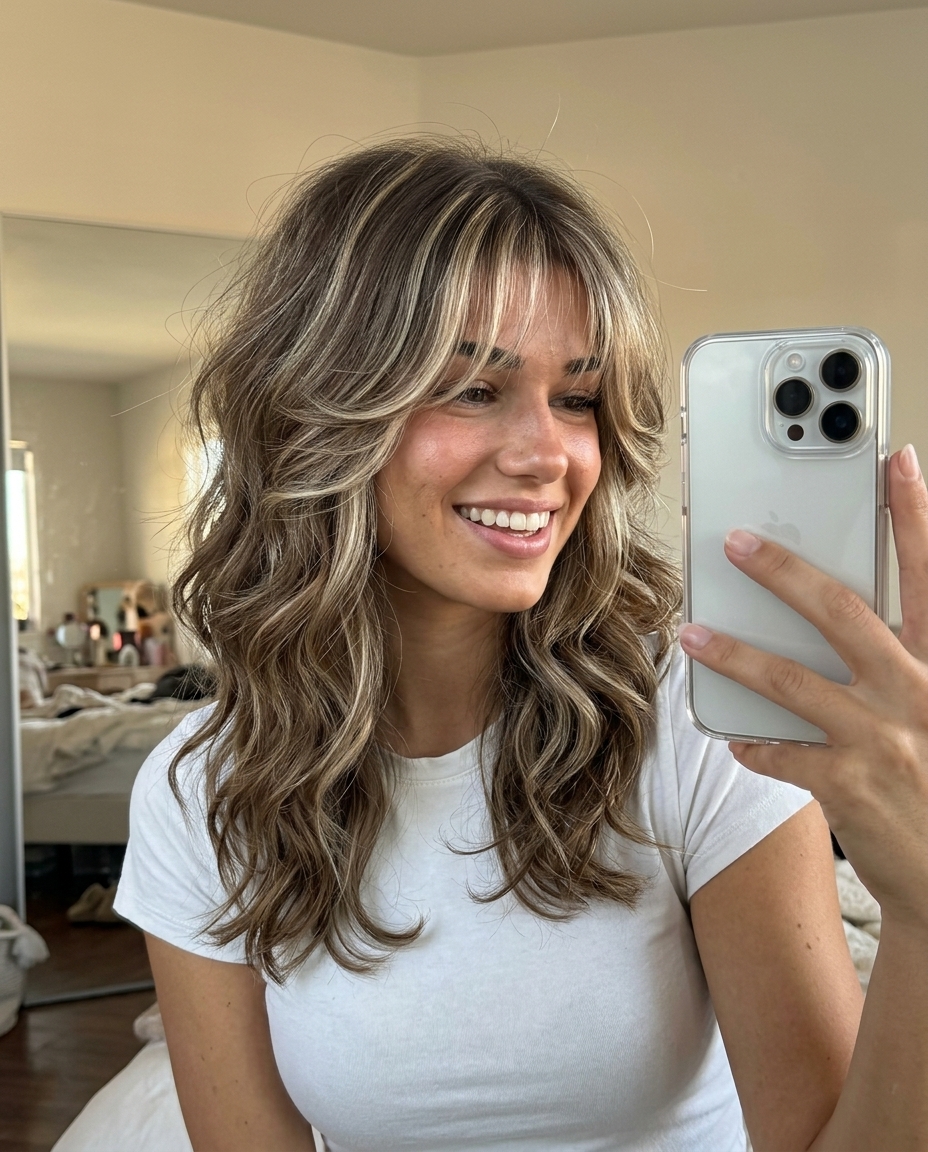 medium wolf cut in pearl blonde with halo highlights and feathered fringe for summer