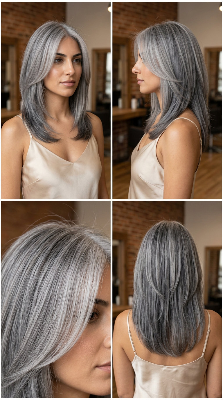 medium pearl grey ombre with face-framing layers & Scandi hairline for sophistication