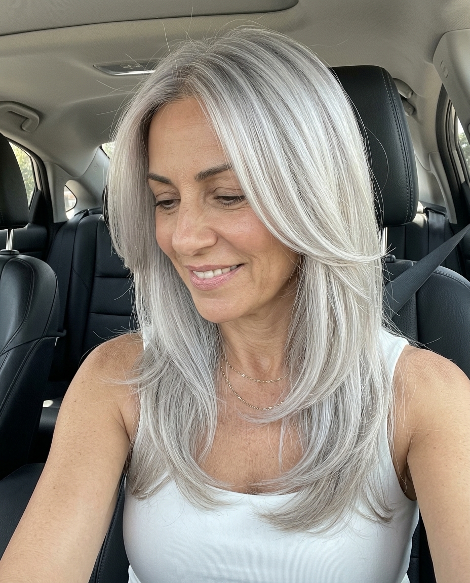 long layered pearlescent silver balayage with platinum & grey, AirTouch technique, no fringe — sophisticated