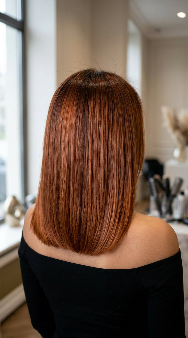 long penny bronze copper balayage with auburn undertones, subtle ribbons, no fringe — sophisticated metallic shine