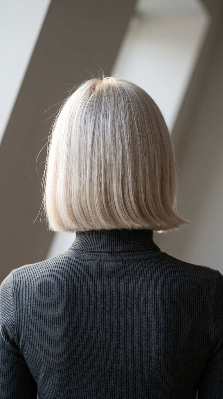 chin-length platinum blonde bob with outward flick, blunt cut, center part — minimalist chic