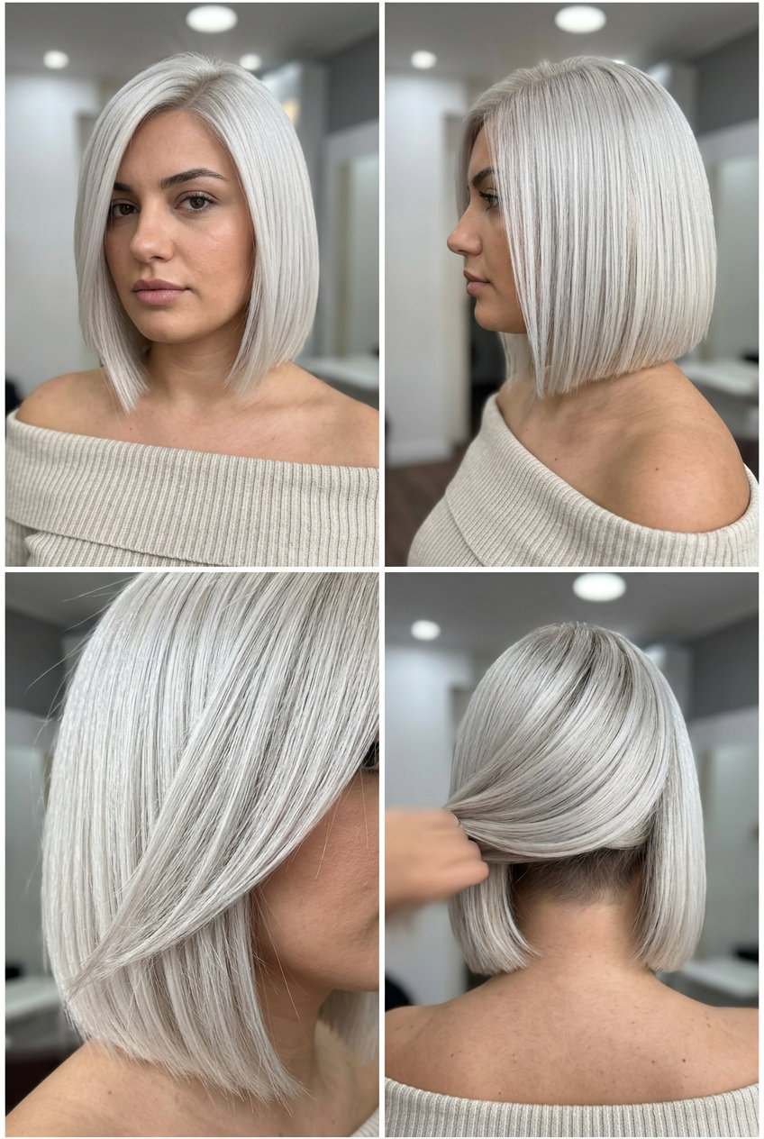 chin-length bob haircut with cool platinum blonde, blunt perimeter, and hidden undercut for summer