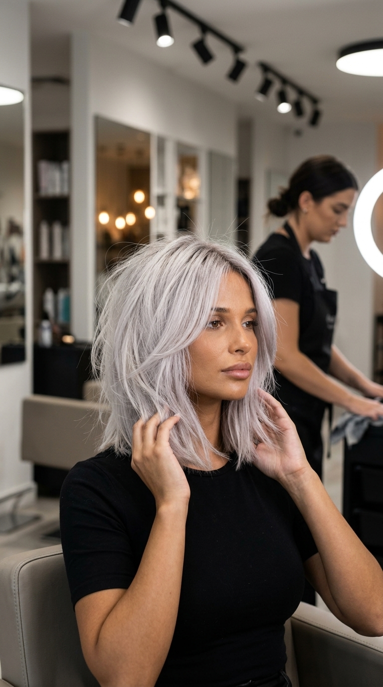 medium wolf cut in platinum blonde with icy silver tones for summer