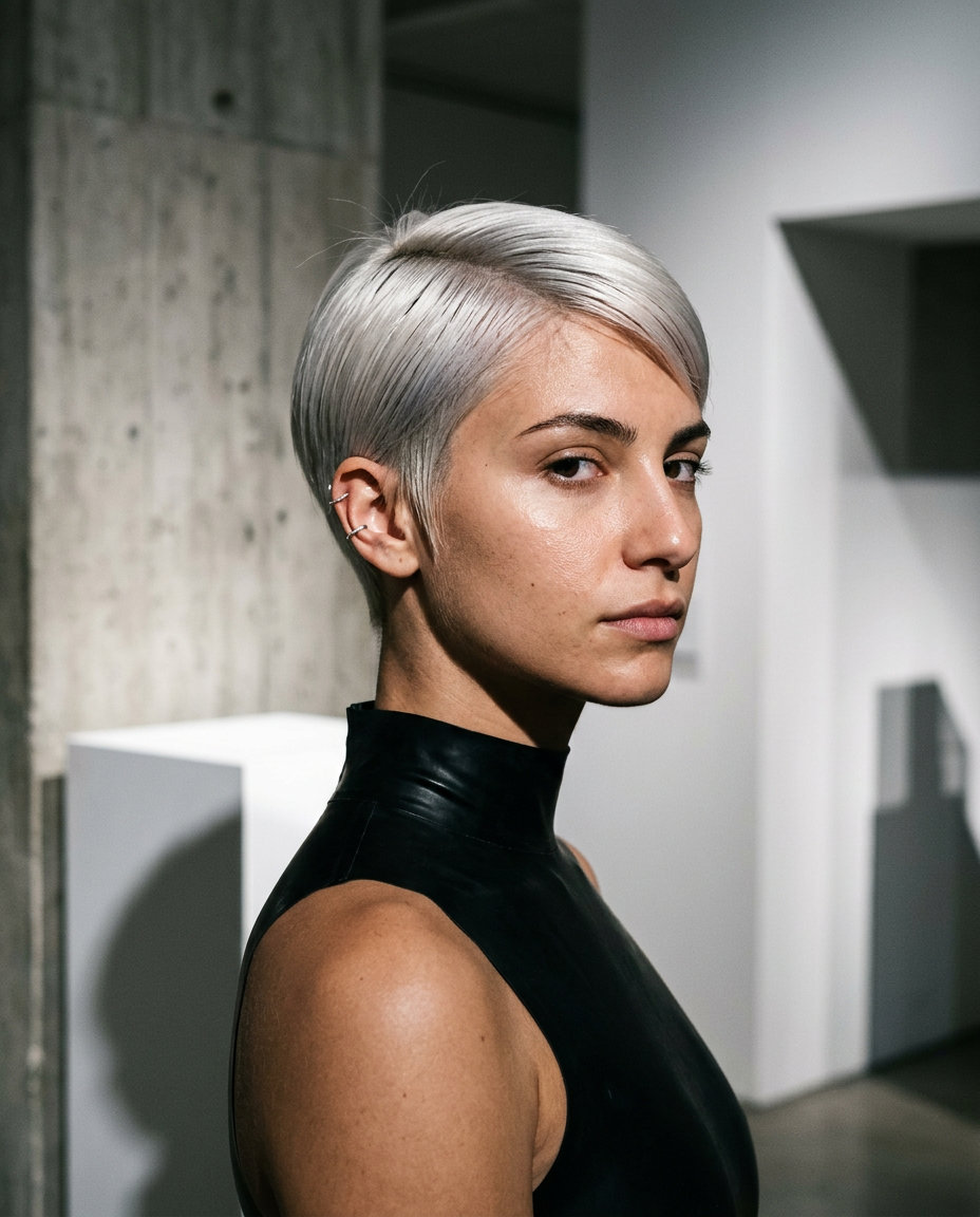 short platinum blonde pixie haircut with silver toner and razored tapered sides for fashion events