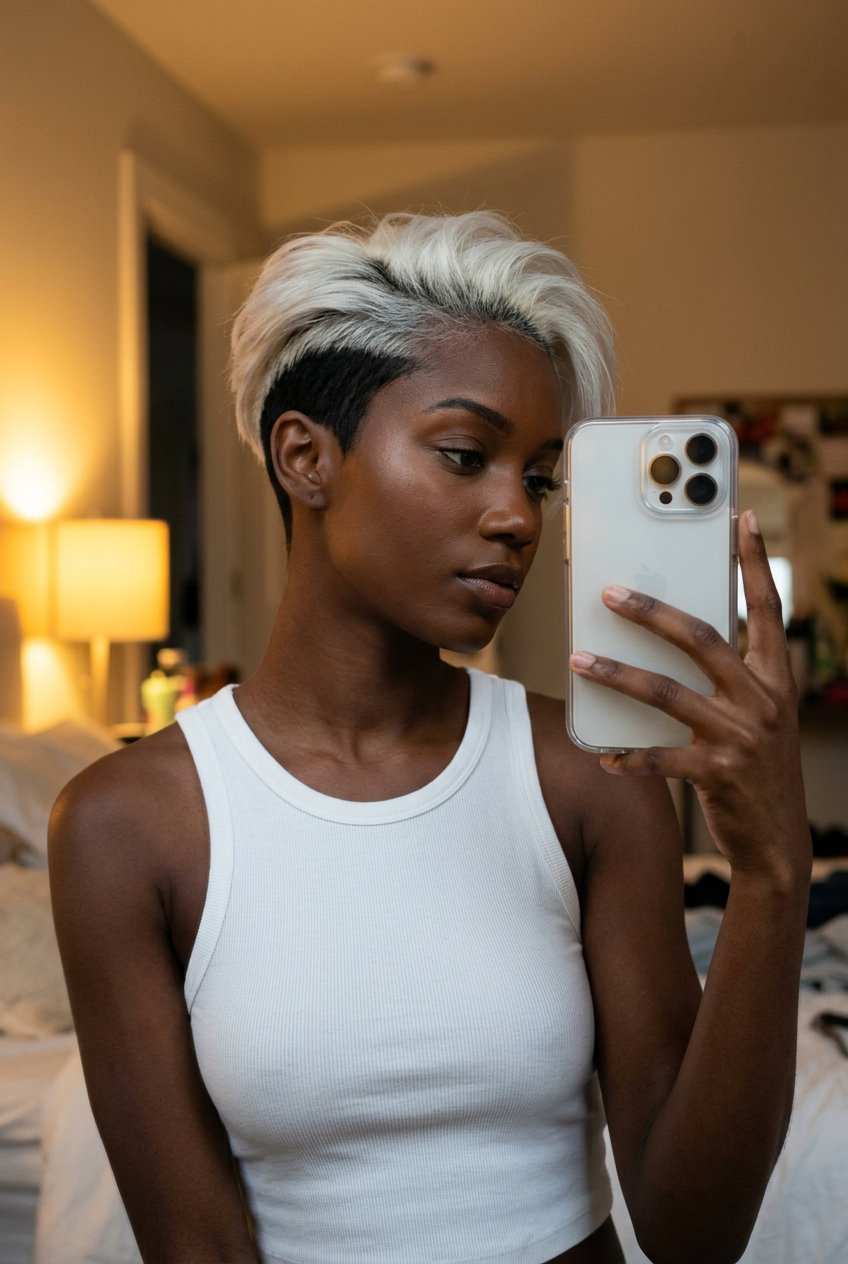 short platinum blonde undercut with icy silver, shaved sides — edgy rebellious festival