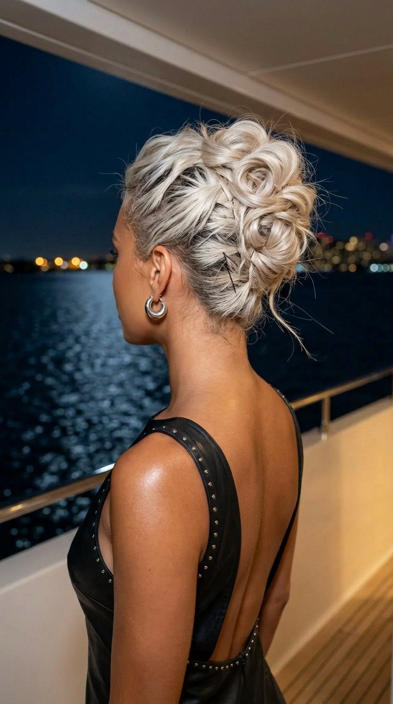 Edgy Pinned Sculpt 2026 short platinum blonde pinned sculpt with textured loops and silver accents for a festival