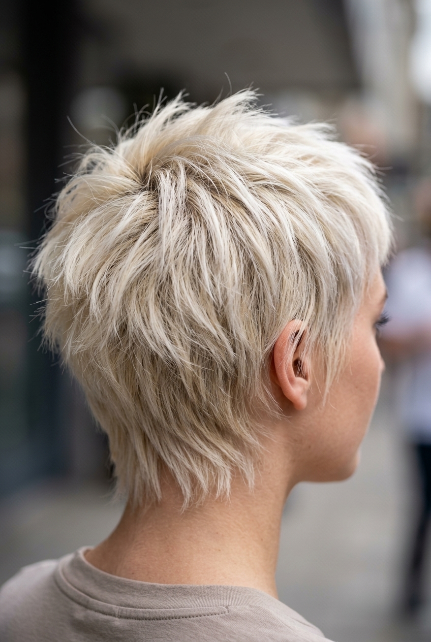 very short wolf cut in icy platinum blonde, spiky razored layers, micro-bangs — edgy punk festival