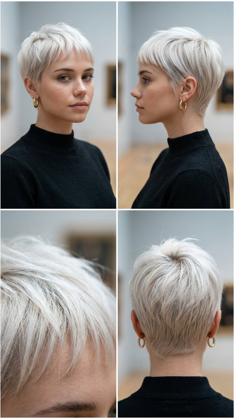 very short pixie haircut in icy platinum blonde with ash root smudge and micro-fringe for edgy modern style