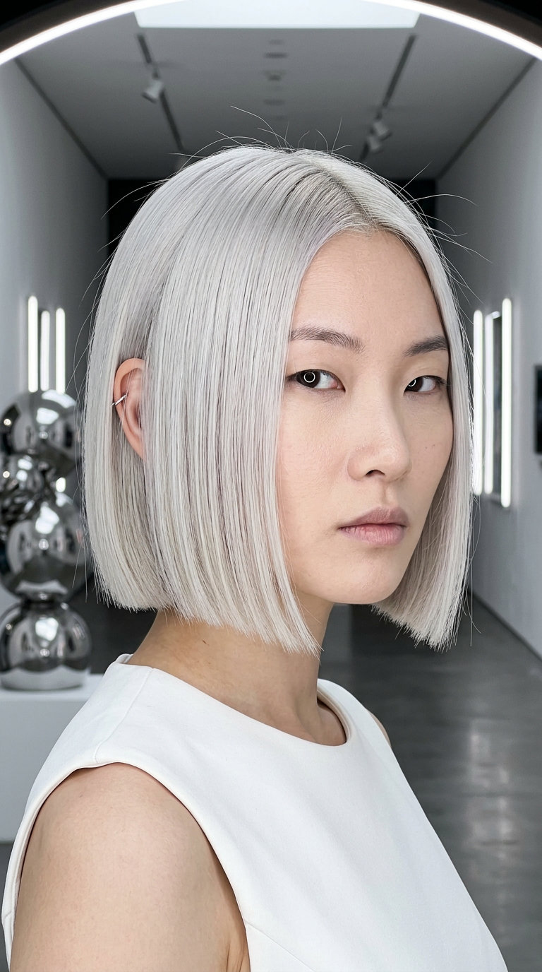 Laser-Cut Platinum Bob: Edgy Summer Style 2026 chin-length bob haircut with icy platinum blonde, blunt perimeter, and no layers β bold edge