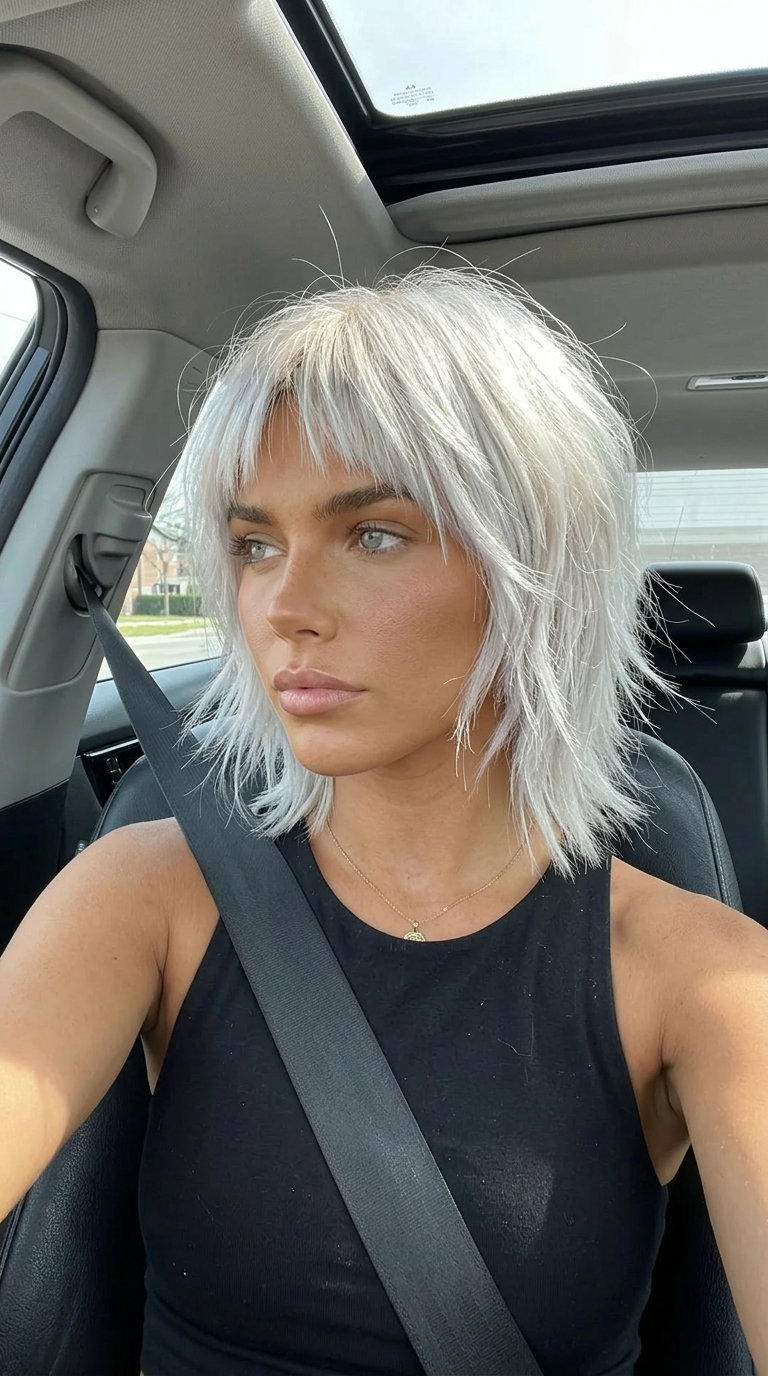 chin-length platinum blonde pixie shag with razor-cut layers and choppy micro-fringe