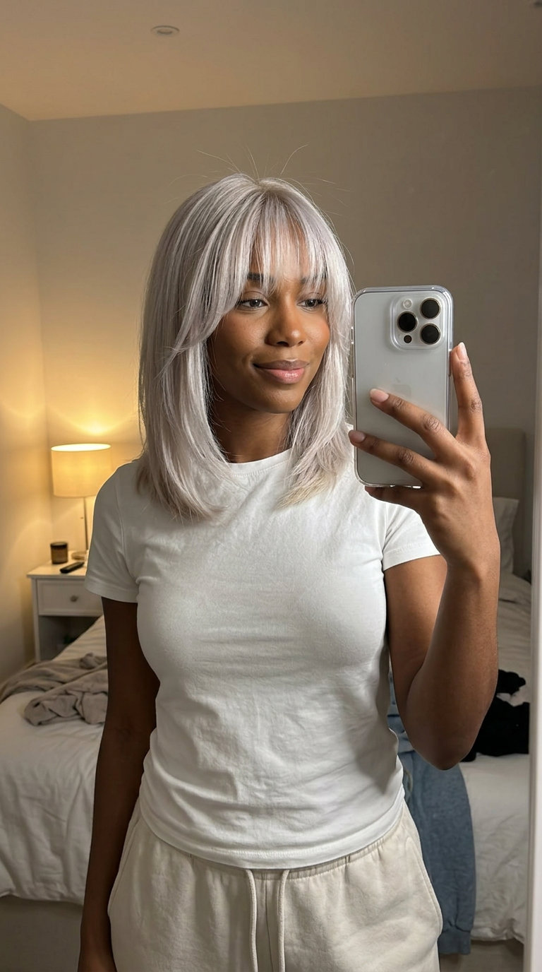 collarbone-length haircut with icy platinum blonde color, Birkin bangs, wispy fringe — bold summer style