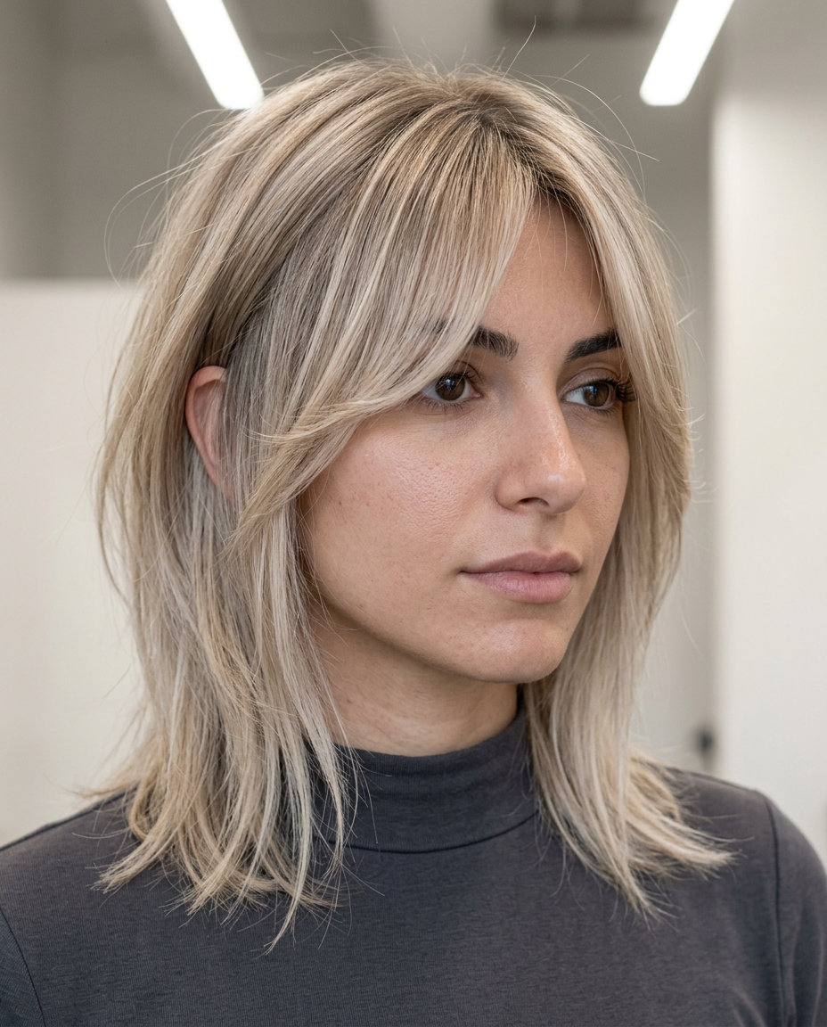 medium platinum linen blonde wolf cut with pearl toner, ash root smudge, soft point-cut layers, airy curtain bang — minimalist, chic, edgy
