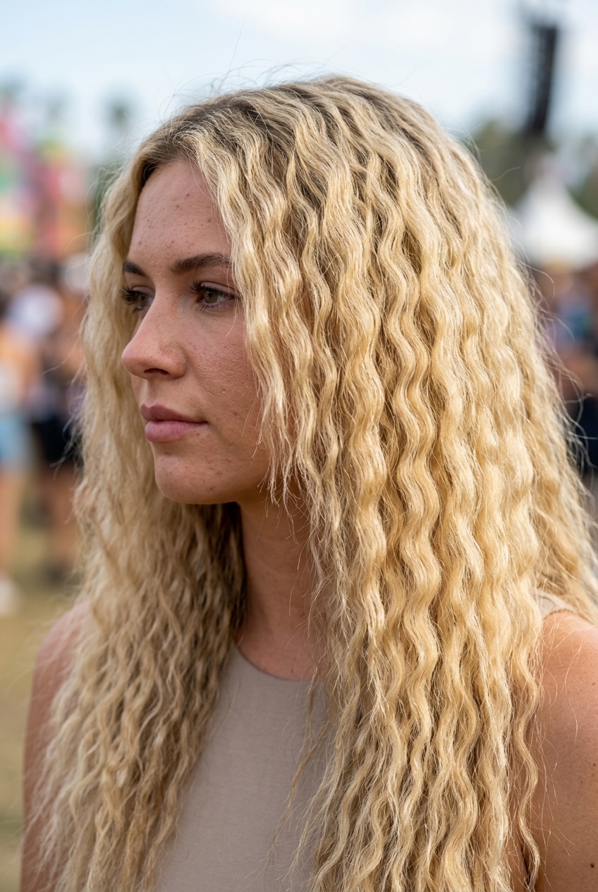 medium platinum blonde crimped texture waves hairstyle with icy silver, defined crimps, no fringe — playful music festival