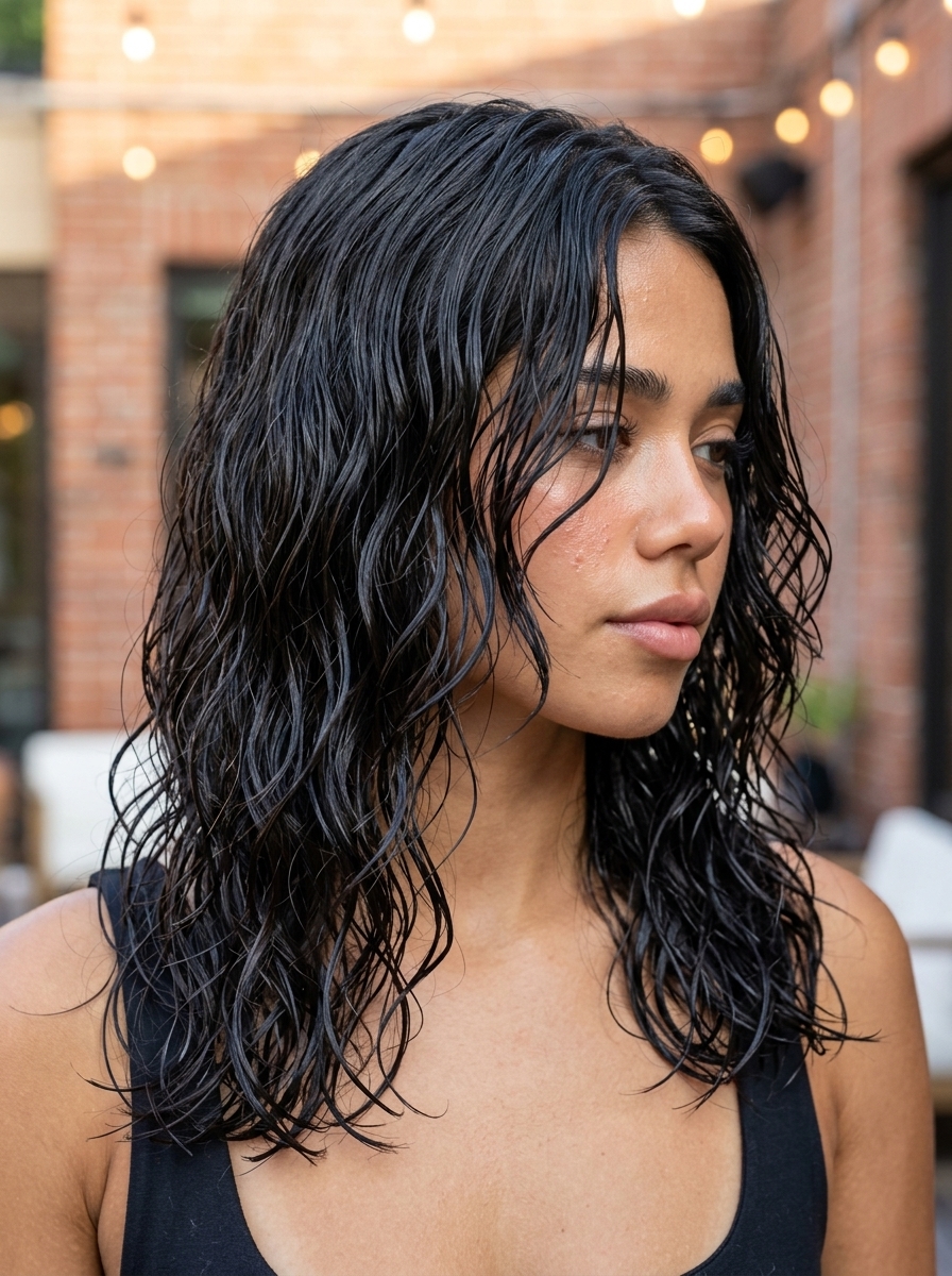 medium wavy hairstyle with platinum blonde, slicked back wet look for edgy event