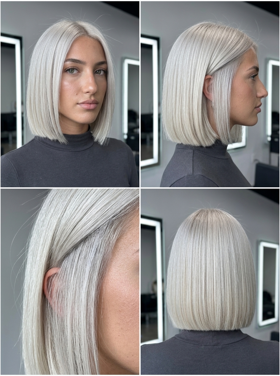Gorgeous Summer Blunt Bob 2026: Liquid Platinum Bob short blunt bob haircut with pure platinum blonde color, clear gloss, center part β bold, glamorous