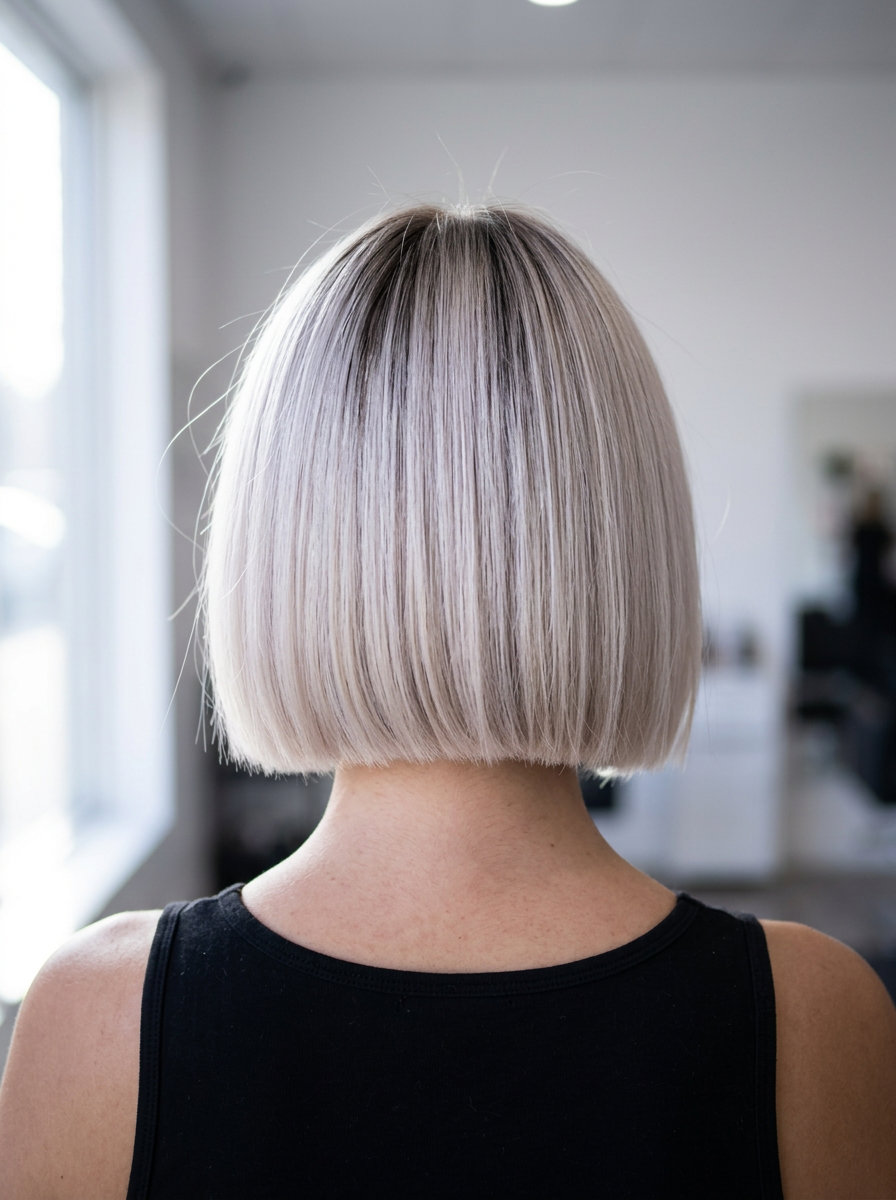 Platinum Nape Bob 2026 short blunt bob haircut with platinum blonde, cool silver, dark root contrast, razor-cut perimeter β edgy festival look