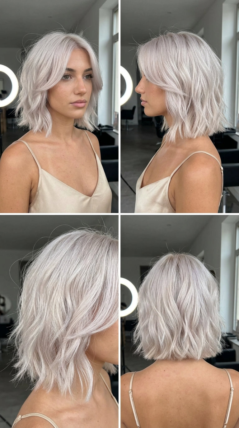 Edgy Platinum Butterfly Bob 2026 short-to-medium butterfly bob in uniform platinum blonde, subtly layered cut, jawline face-framing for nightlife