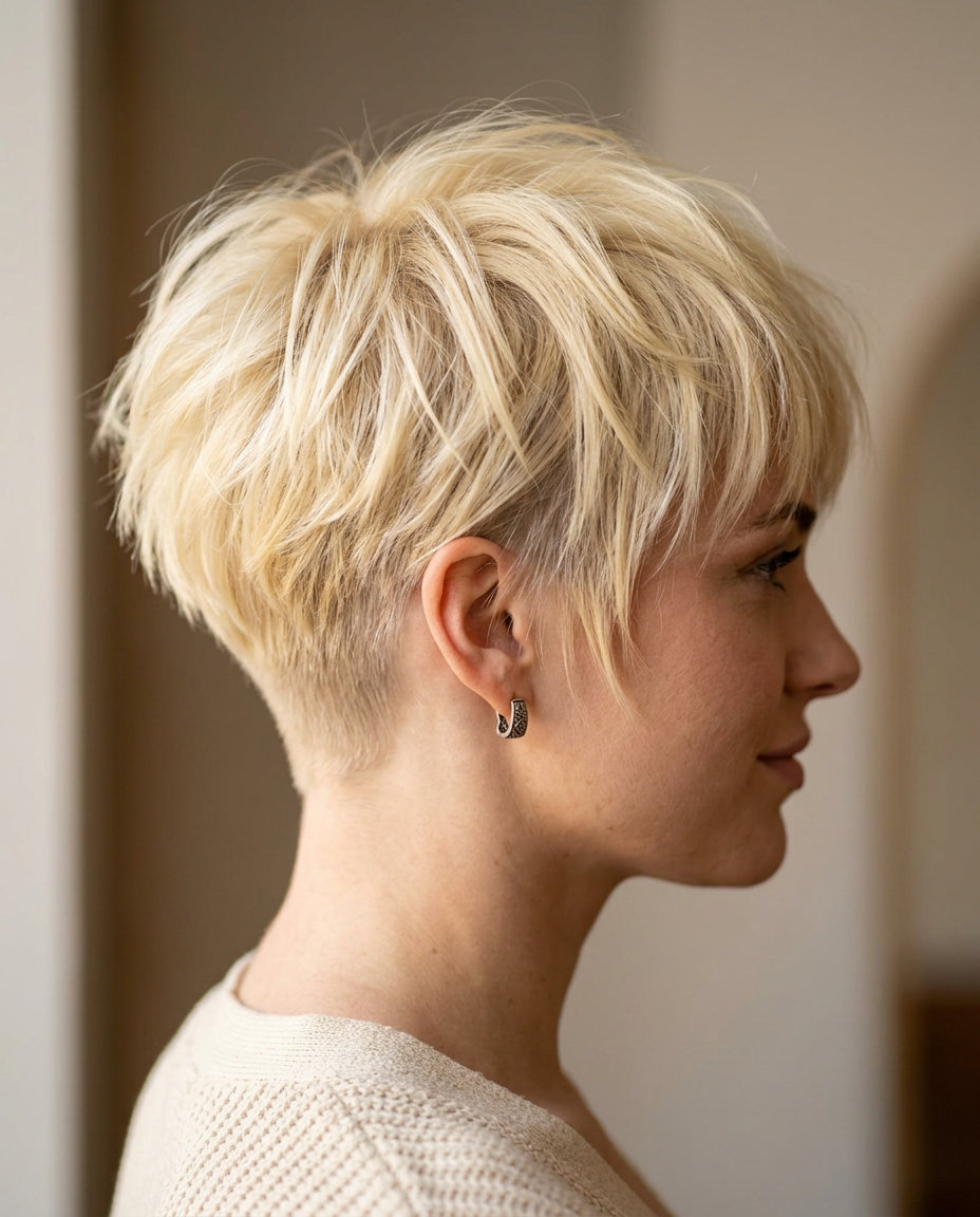 short pixie shag haircut with platinum butter-cream blonde, razored layers, wispy fringe — edgy, playful