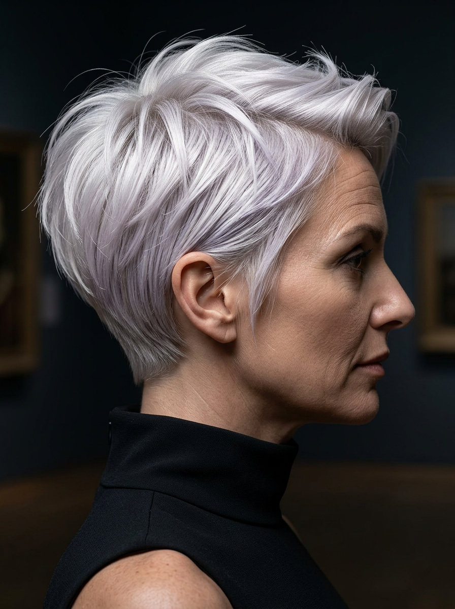 longer pixie haircut in icy platinum blonde with cool silver tones, textured crown layers, tapered nape, and swept-back fringe — bold modern