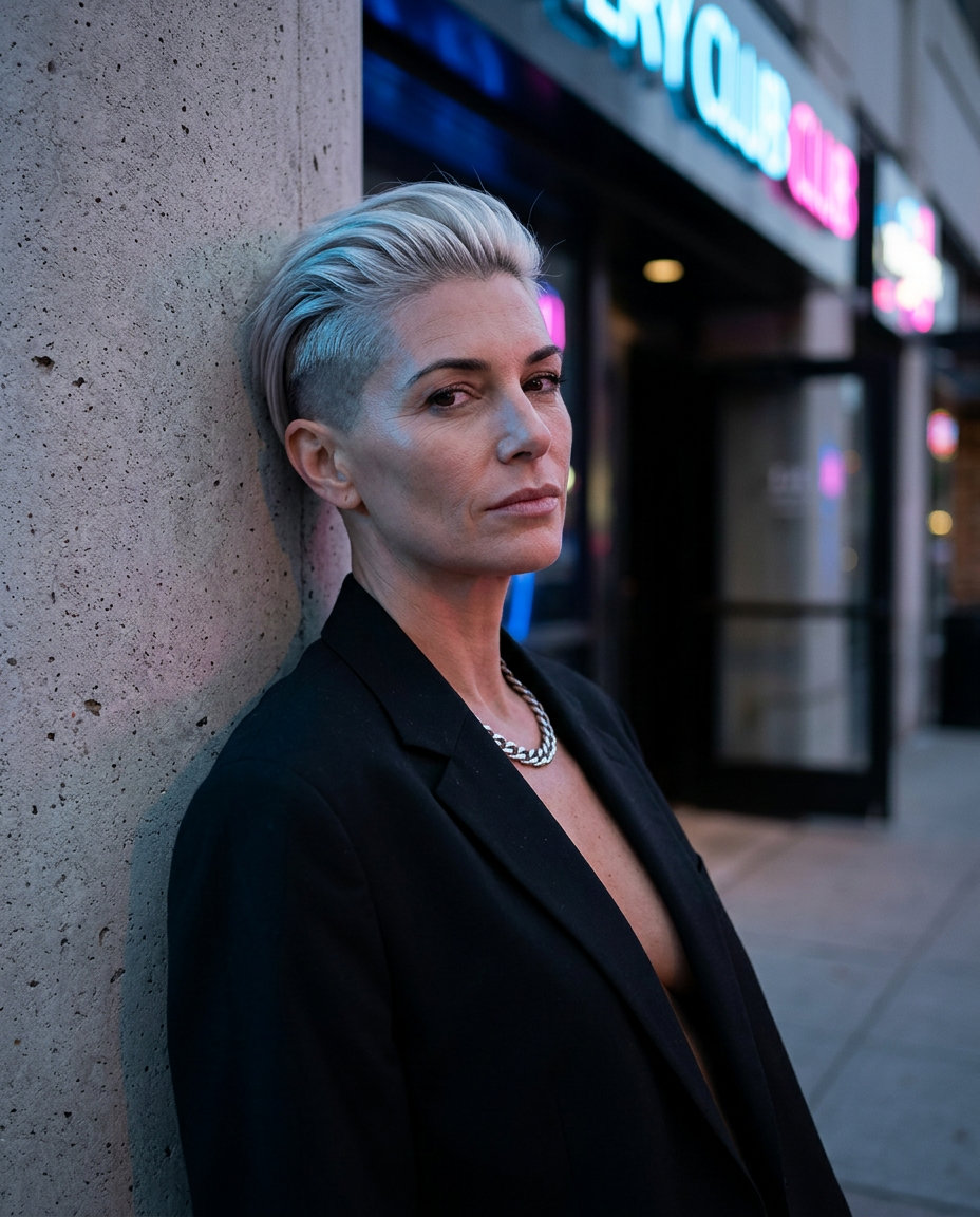 short haircut in bright platinum blonde with cool white tones, shaved undercut sides and nape, textured longer top section, no fringe — bold confident