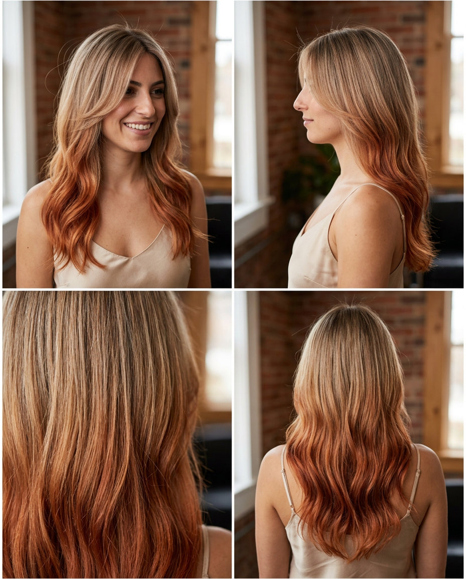 long muted platinum to nectarine auburn ombré with face-framing layers for bold look