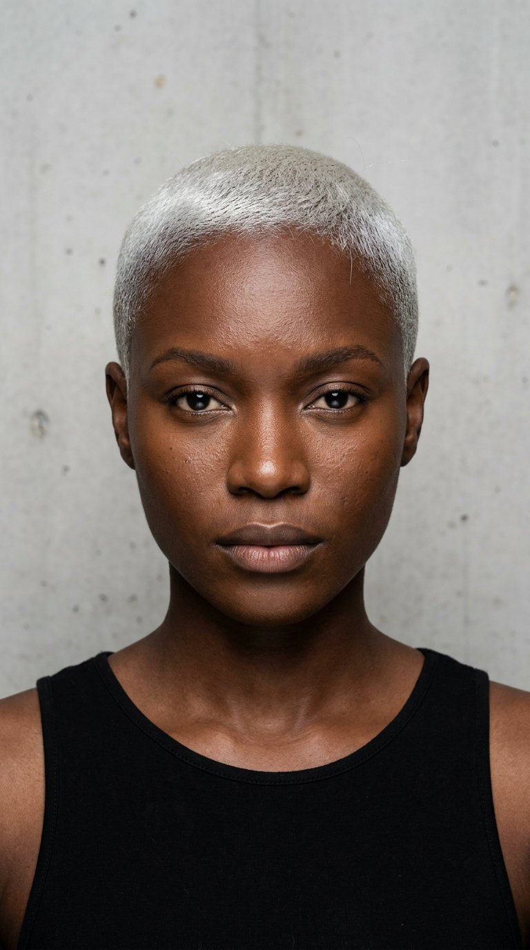very short icy platinum blonde buzz cut, no fringe — edgy, bold