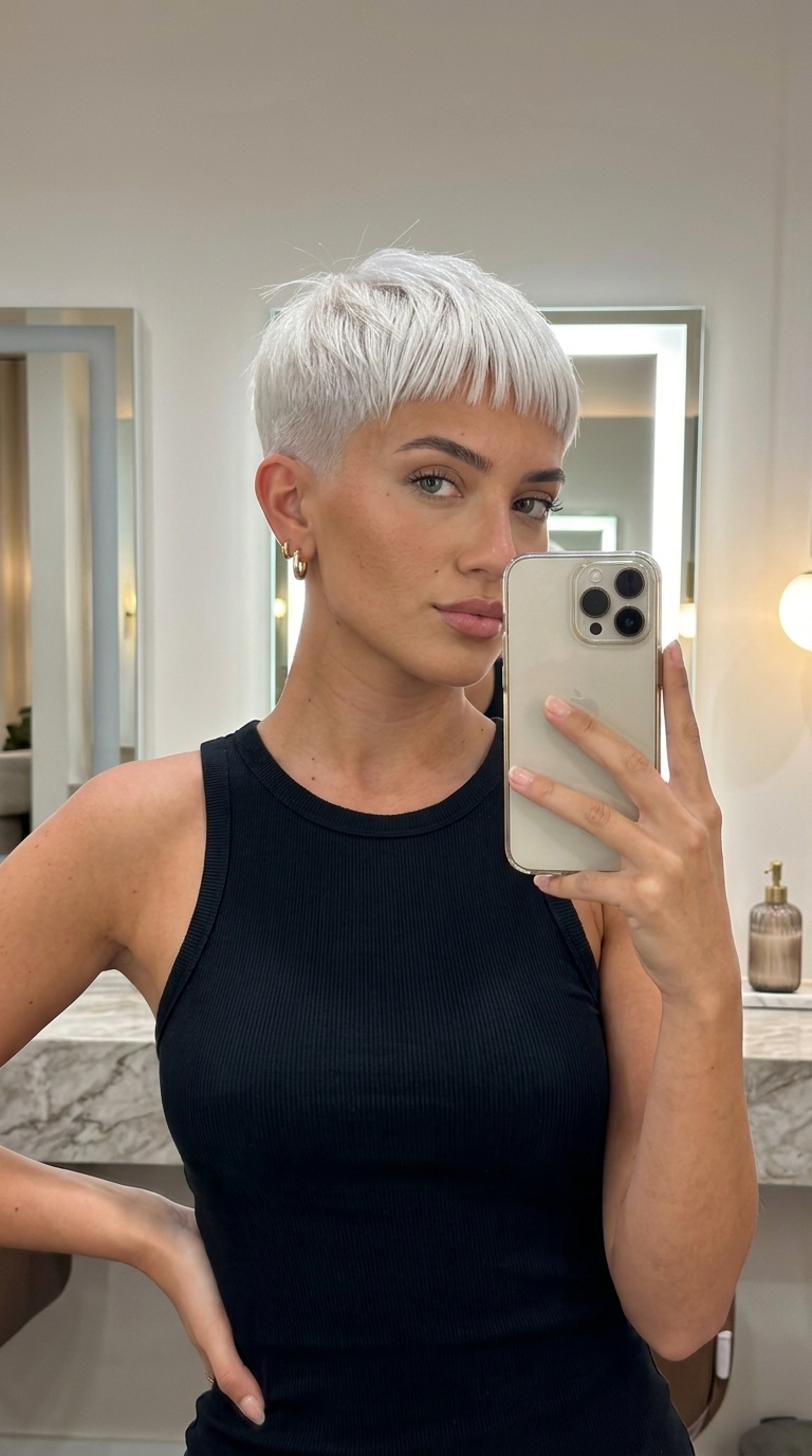 Minimalist Platinum Crop: Sleek Summer Haircut 2026 very short crop haircut with icy platinum blonde, clipper fade, baby bangs β minimalist chic