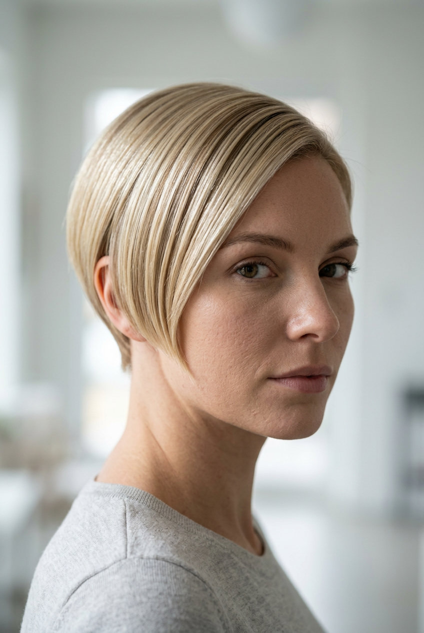 Glass Crop Pixie 2026: Icy Platinum with Ash Root very short pixie haircut in icy platinum blonde with ash root smudge, blunt fringe, tapered sides β professional sophisticated style
