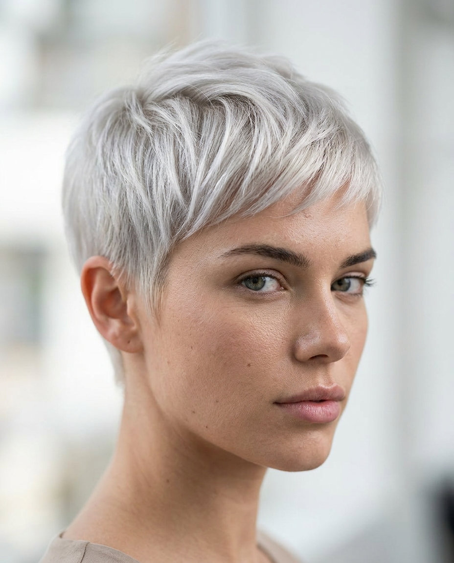 Platinum Pixie Haircut 2026 very short platinum pixie haircut with icy platinum, violet toner, severe fade β bold & architectural