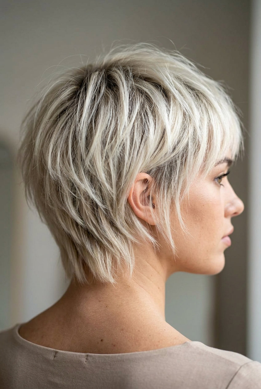 very short pixie shag haircut with icy platinum blonde, razored layers, jagged fringe — edgy, bold