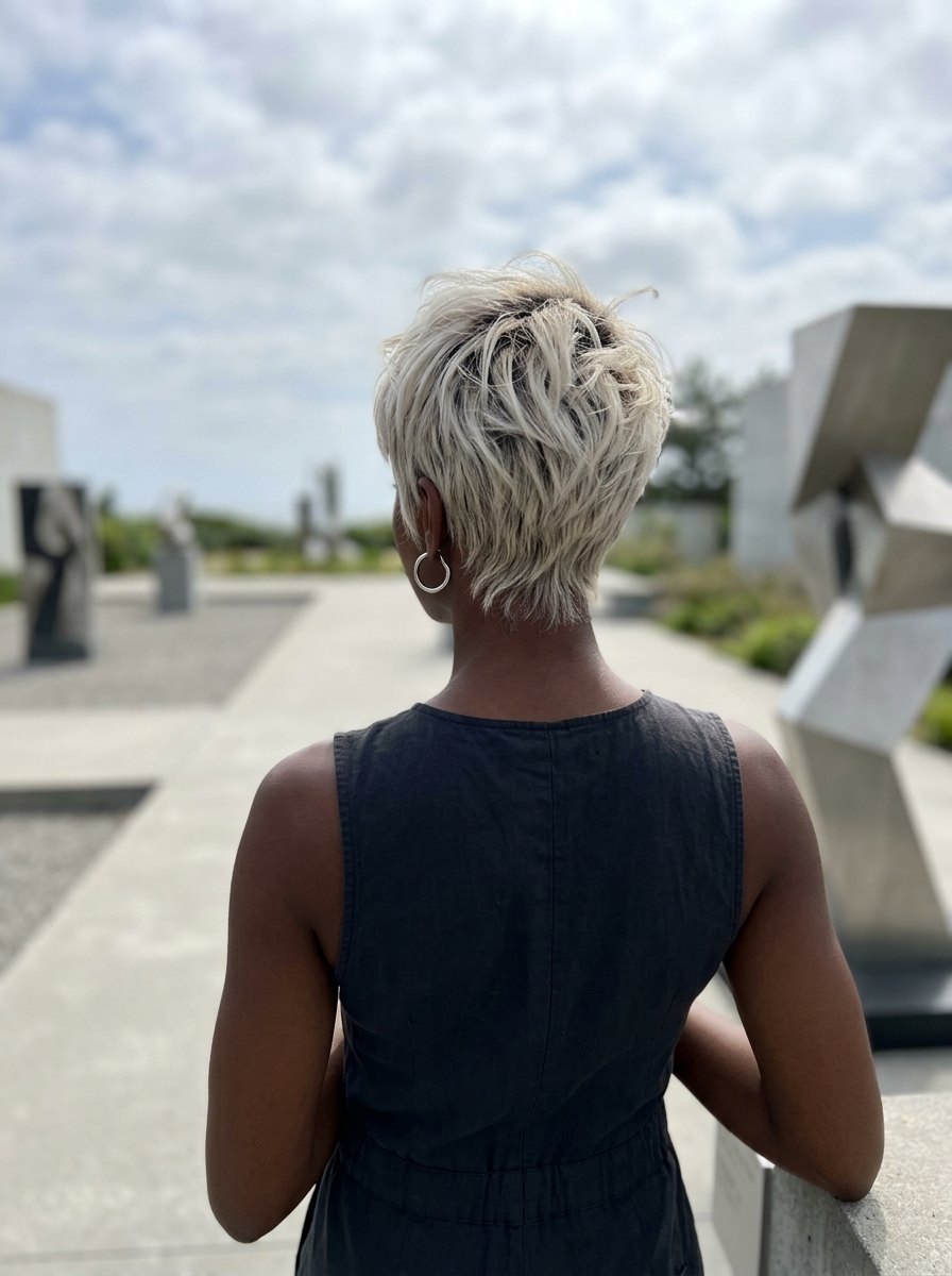 very short pixie haircut easy hairstyle with cool platinum blonde, dark root smudge, textured layers for edgy look