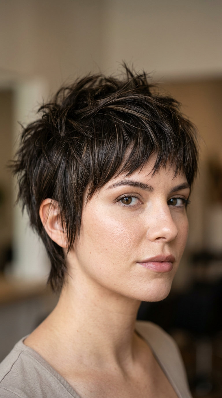 very short platinum blonde shullet crop with dark root smudge and choppy fringe