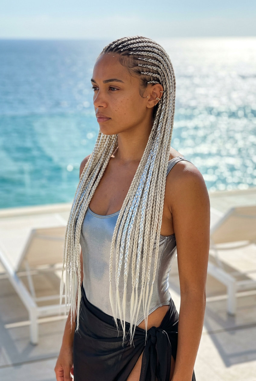 waist-length knotless braids with platinum accents, razor-cut ends, wet-look silhouette — edgy festival style